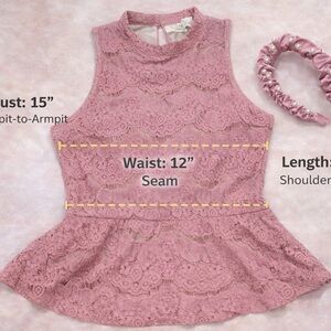 Love, Fire Mauve Lace Peplum Top + Scrunchie Pearl Satin Headband | Size S (Fits